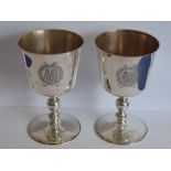 A pair of heavy modern hallmarked silver goblets; inscribed 'Coll. Pemb. Oxon. 1624-1974', the