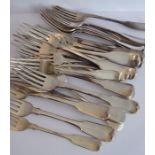 A large assortment of various mostly 19th century fiddle pattern and other patterns table forks;