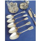 A selection of five 19th century hallmarked silver fiddle pattern tablespoons together with other