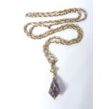 A 9-carat gold (marked 9CT) chain together with a seed pearl and pear-shaped amethyst pendant drop