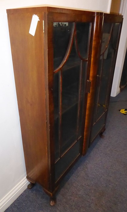 A 1920s/1930s two-door walnut display cabinet; pagoda-style astragal glazing bars and raised on - Image 3 of 7