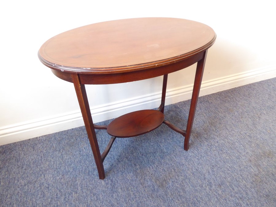 An Edwardian oval mahogany and boxwood-strung occasional table on square tapering legs united by - Image 2 of 4