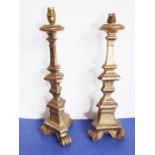 A pair of gilt-wood table lamps of triangular form; each on three scrolling feet (53cm including