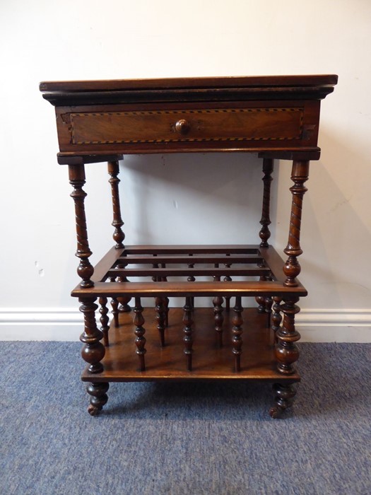 A circa 1900 walnut and mahogany games/card table with Canterbury lower section; the inlaid - Image 2 of 8
