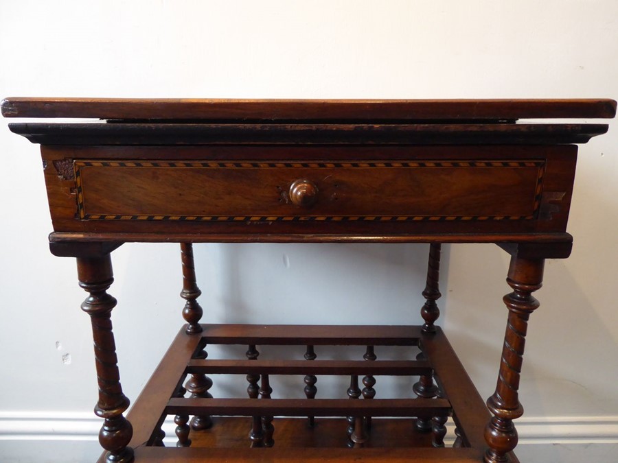 A circa 1900 walnut and mahogany games/card table with Canterbury lower section; the inlaid - Image 3 of 8