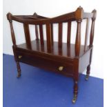A Regency-style (later) two-division mahogany Canterbury; single full-width drawer and turned legs