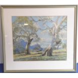 After JOHN ROWELL (Australian School); a colour print of two eucalyptus trees, gilt frame and glazed