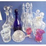 A very good selection of nine decanters and other glassware: two ships' decanters, a pair of