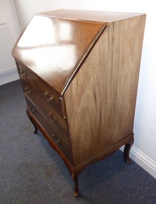 An early 20th century walnut writing bureau; the quarter-veneered sloping fall opening to reveal - Image 3 of 7