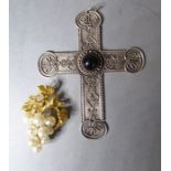 A gilded sterling silver brooch as a bunch of grapes (boxed) and a .925 marked silver cross inset