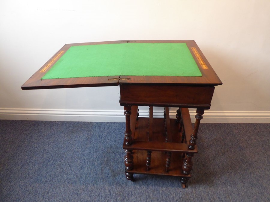 A circa 1900 walnut and mahogany games/card table with Canterbury lower section; the inlaid - Image 6 of 8