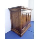 A small oak side cabinet; the single hinge door (as two panelled doors) opening to reveal shelf
