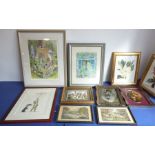 Ten pictures and prints to include watercolours: 'Monet's Window' by Catherine Ogden and 'Almonry,