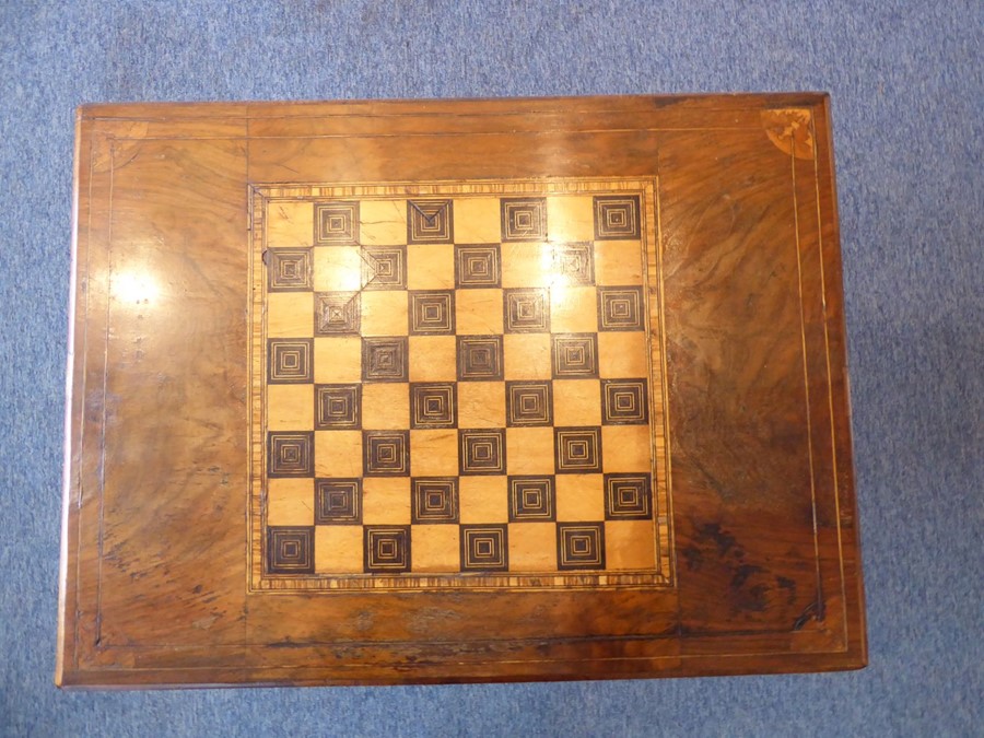 A circa 1900 walnut and mahogany games/card table with Canterbury lower section; the inlaid - Image 4 of 8