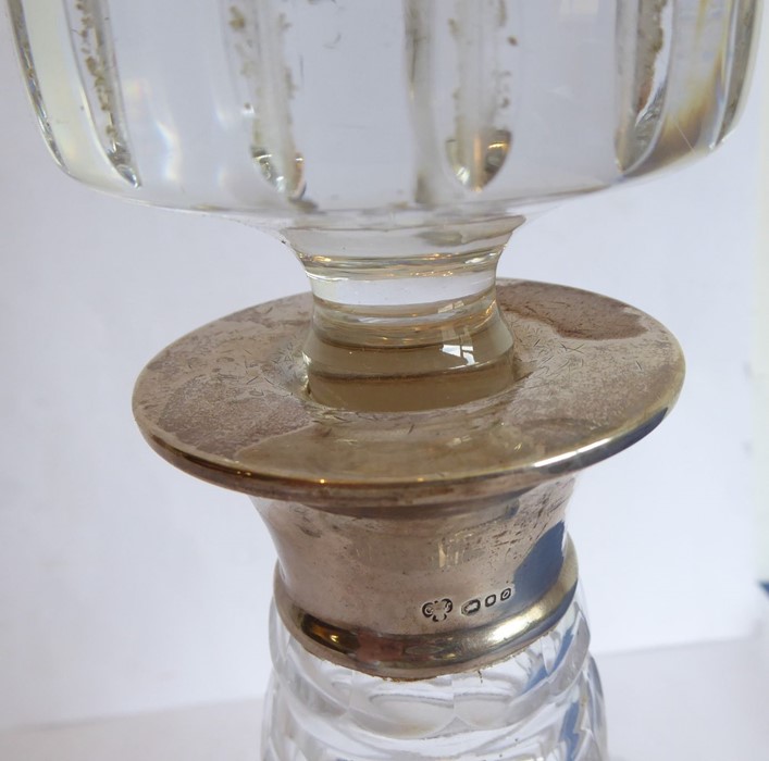 A cut-glass cylindrical decanter with mushroom-style stopper and hallmarked silver neck, also with - Image 5 of 7