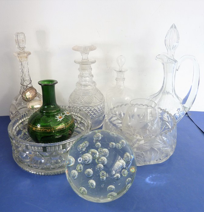 A good selection of glassware to include an early 19th century cut-glass mallet-shaped decanter with