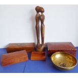 A mixed lot of five comprising three wooden boxes, a carved wood sculpture and a brass bowl. The