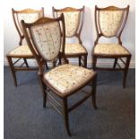 A set of four Edwardian mahogany, marquetry and bone-strung bedroom chairs; raised on square