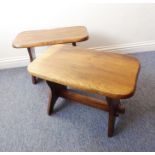 Two shaped elm-topped occasional tables; each with shaped uprights and tusked tenons