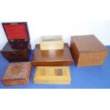 Five wooden boxes and an early 19th century rosewood tea caddy; the sarcophagus-shaped two-