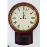 A mid-19th century mahogany-cased twin fusee drop dial wall clock; 12" painted dial with Roman