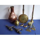 A selection of various metalware to include an Arts and Crafts-style baluster-shaped copper jug with