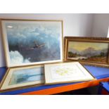 Four wall-hanging framed and glazed pictures and prints to include a large GERALD COULSON coloured