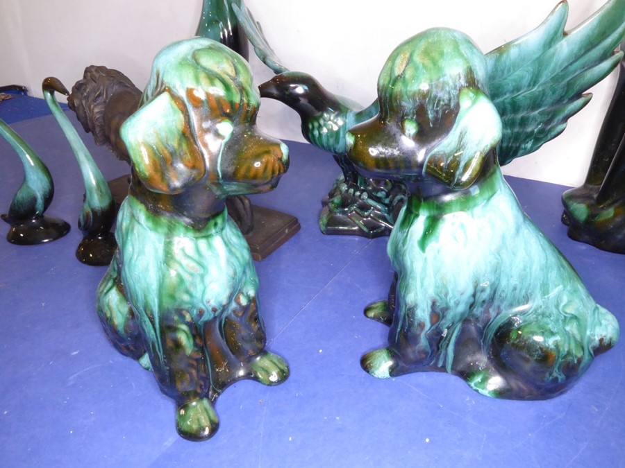 Eight green glazed ceramic animals including dogs, a cat and an open-winged bird (the tallest 46.5cm - Image 5 of 9