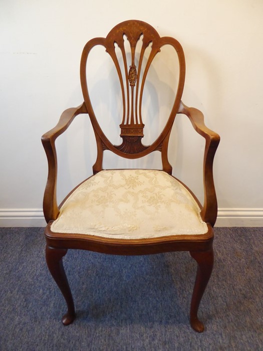 An early 20th century mahogany open armchair; the Hepplewhite-style pierced splat with marquetry - Image 2 of 4