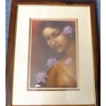 A contemporary Indian pastel portrait of a beautiful young lady with long dark hair and flowers,