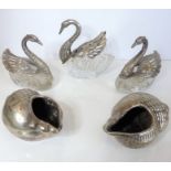 Three late 19th/early 20th century cut-glass and silver-plated pin dishes modelled as swans with