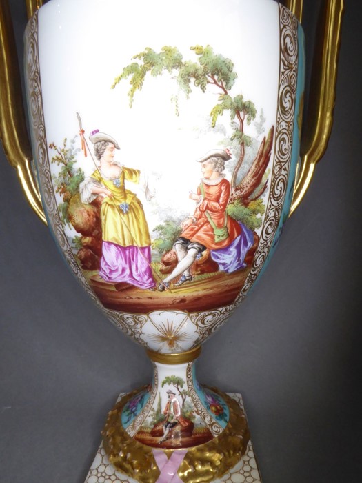 A good pair of late 19th century Dresden-style two-handled porcelain urns and covers (as potpourri); - Image 3 of 14