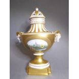 A fine hand-gilded and decorated Dresden porcelain urn and cover; the reticulated domed top above