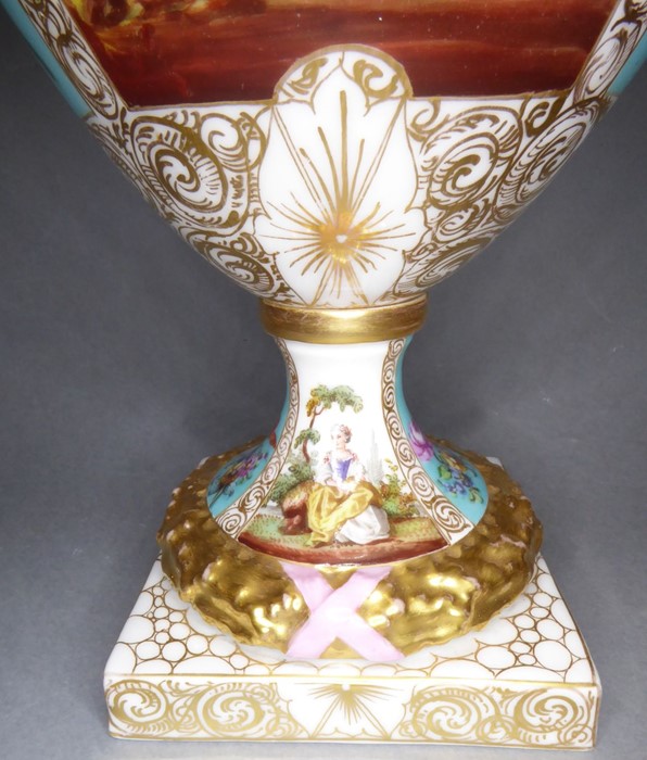 A good pair of late 19th century Dresden-style two-handled porcelain urns and covers (as potpourri); - Image 11 of 14