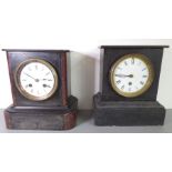 Two late 19th century slate and marble-cased mantle clocks: white-enamel dials with Roman