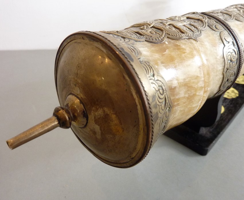 An oversized Chinese alabaster and metal mounted antique-style ceremonial pipe; the various bamboo- - Image 11 of 13