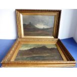 A pair of 19th century oil on canvas landscape studies; barren terrain with mountain backgrounds,
