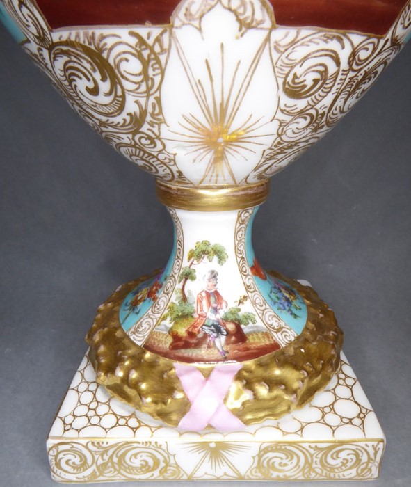 A good pair of late 19th century Dresden-style two-handled porcelain urns and covers (as potpourri); - Image 9 of 14