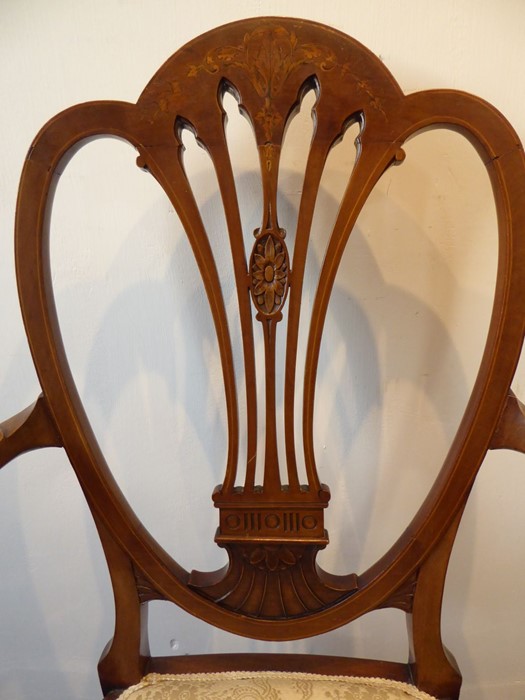 An early 20th century mahogany open armchair; the Hepplewhite-style pierced splat with marquetry - Image 3 of 4