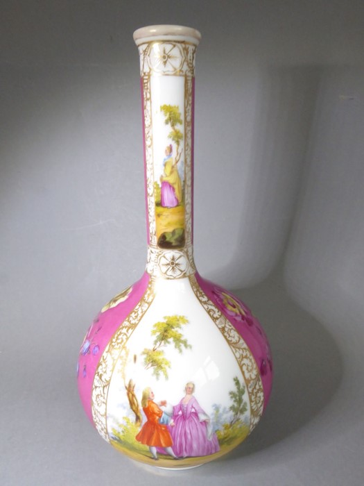 A late 19th century Dresden-style porcelain bottle vase (now drilled with a singular small hole to