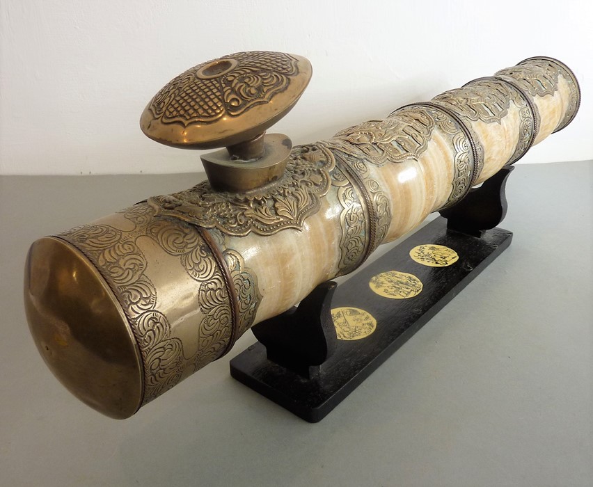 An oversized Chinese alabaster and metal mounted antique-style ceremonial pipe; the various bamboo-