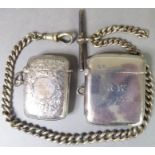 Two hallmarked silver vesta cases and a silver Albert chain and T-bar; one vesta engraved 'B.W.