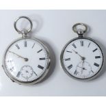 Two silver-cased gentleman's pocket watches for repair, both with white-enamel dial,  Roman numerals