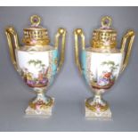 A good pair of late 19th century Dresden-style two-handled porcelain urns and covers (as potpourri);