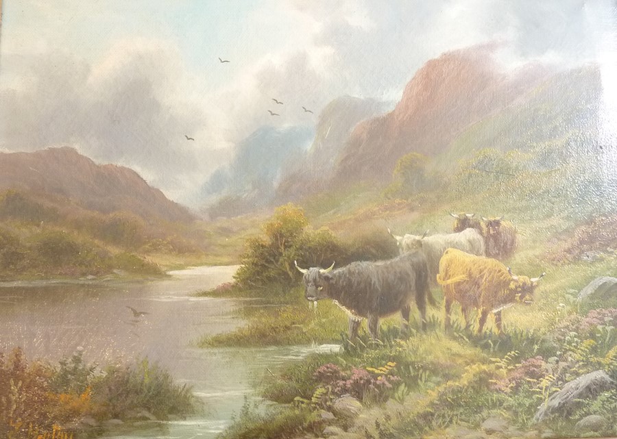 J. HONTON - a late 19th / early 20th century oil on canvas pastoral scene of longhorn cattle - Image 2 of 4