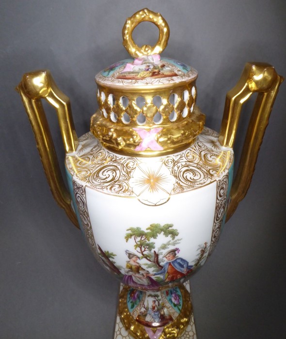 A good pair of late 19th century Dresden-style two-handled porcelain urns and covers (as potpourri); - Image 5 of 14