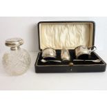 A cased early 20th century hallmarked silver cruet set: circular salt and lidded mustard pot (foot