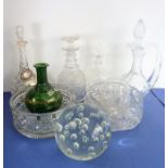 A good selection of glassware to include an early 19th century cut-glass mallet-shaped decanter with
