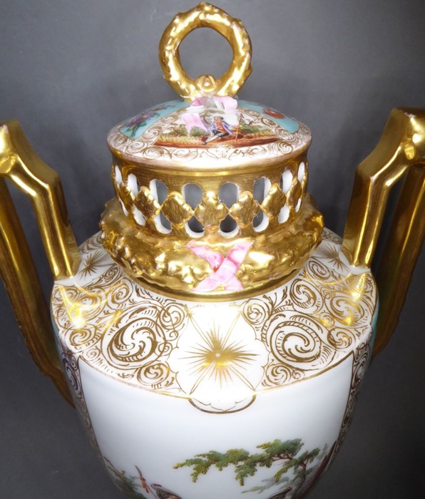 A good pair of late 19th century Dresden-style two-handled porcelain urns and covers (as potpourri); - Image 2 of 14