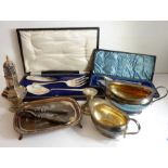 A selection of mostly late 19th and early 20th century silver plate: to include an ornate three-